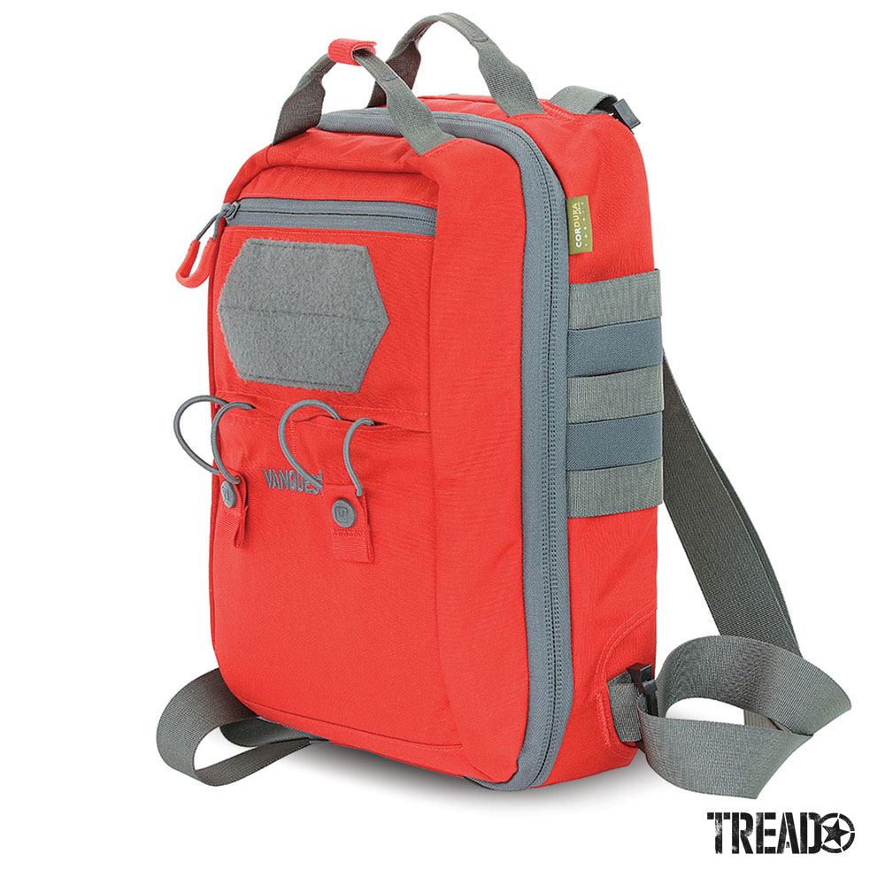 Red backpack sling that is a trauma-based medical kit.