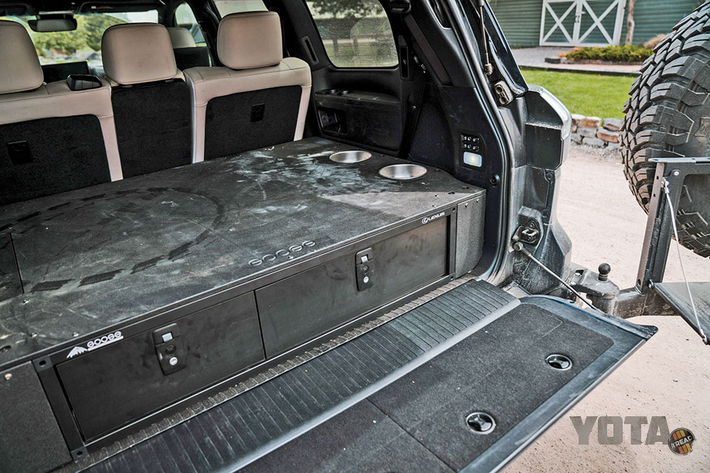 In the Lexus LX 570, the third row seats were removed and the Goose Gear drawer system went in to securely hold gear.