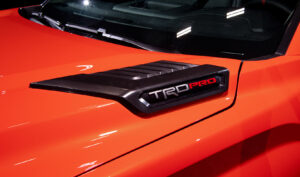 TRD Pro badging on 2022 Toyota Tundra TRD Pro in Solar Octane orange