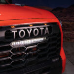 front grille of 2022 Toyota Tundra TRD Pro in Solar Octane orange