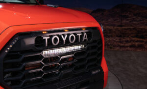 front grille of 2022 Toyota Tundra TRD Pro in Solar Octane orange