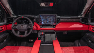 red interior of 2022 Toyota Tundra TRD Pro in Super White