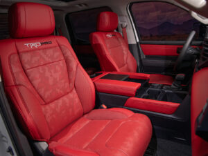 red interior of 2022 Toyota Tundra TRD Pro in Super White