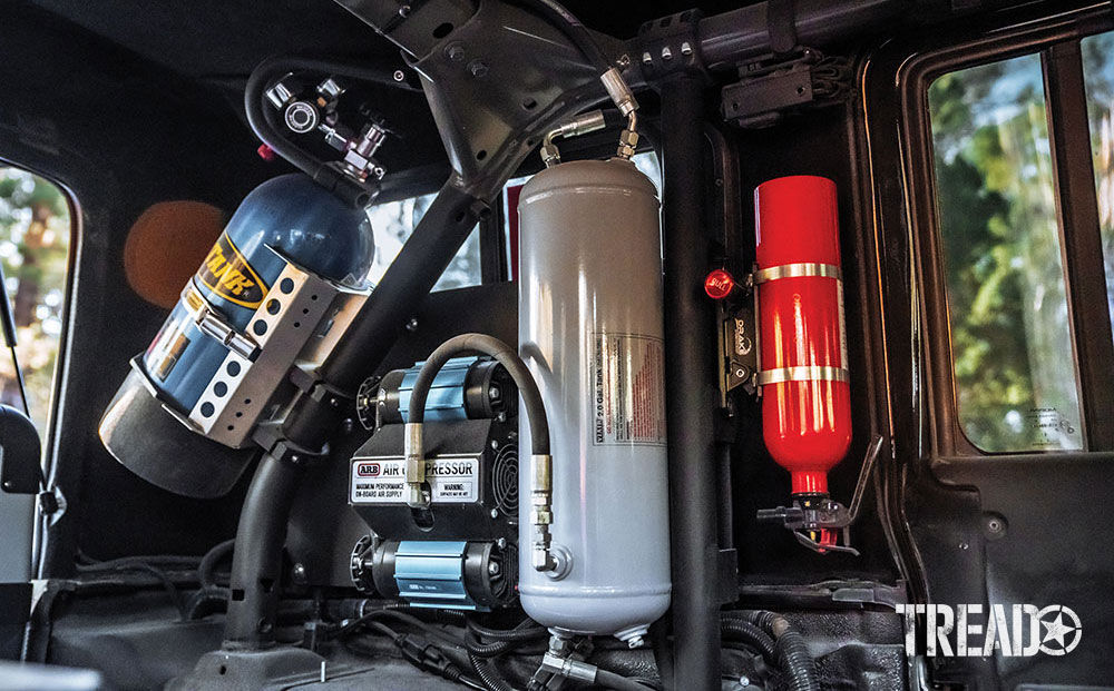 Custom setup air compressor and CO2 air tanks in back of Jeep on C and D pillar.