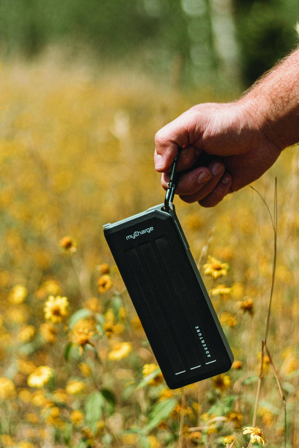 The myCharge Adventure H20 Turbo portable charger with a built-in carabiner.