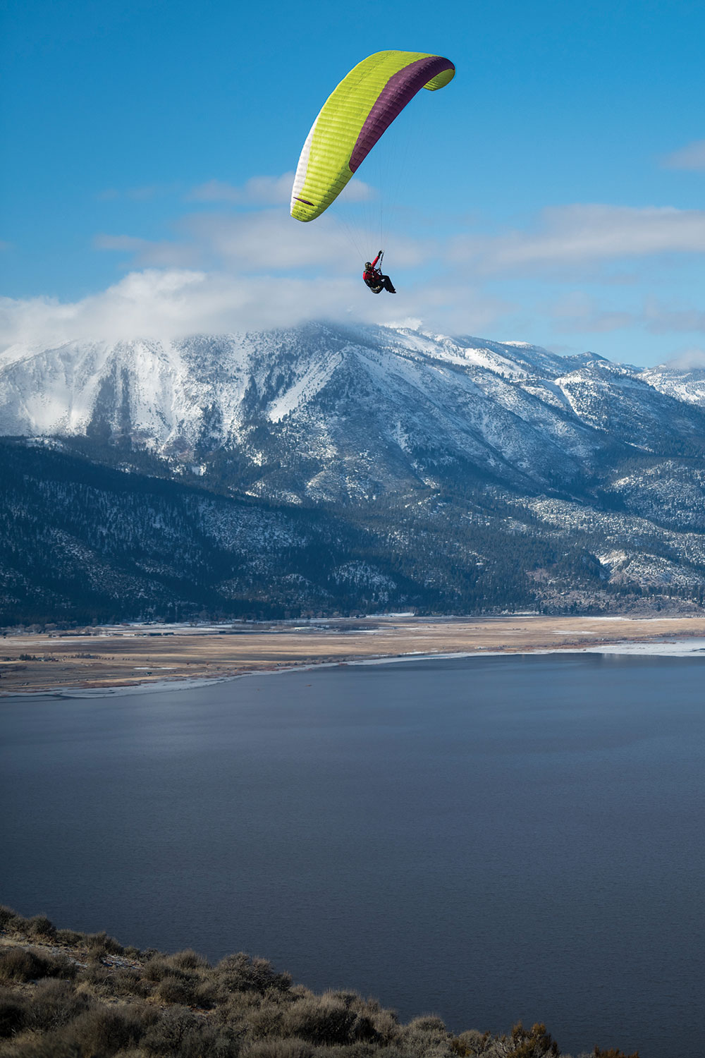 A paraglider soars through the sky above snow-capped Nevada mountains.