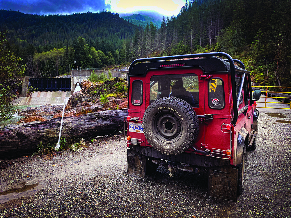 The red Defender parked in Lollooet, B.C.