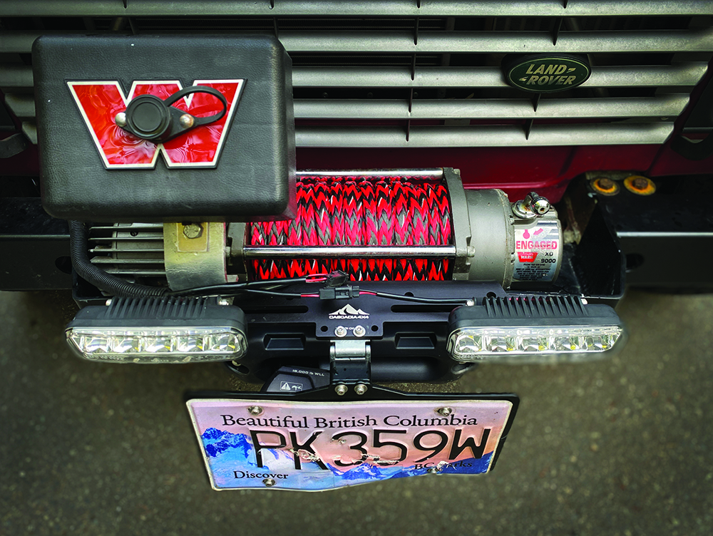 A shot of the Defender's winch and license plate from above.