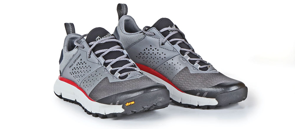 Gray lightweight hiking shoes to keep feet cool.