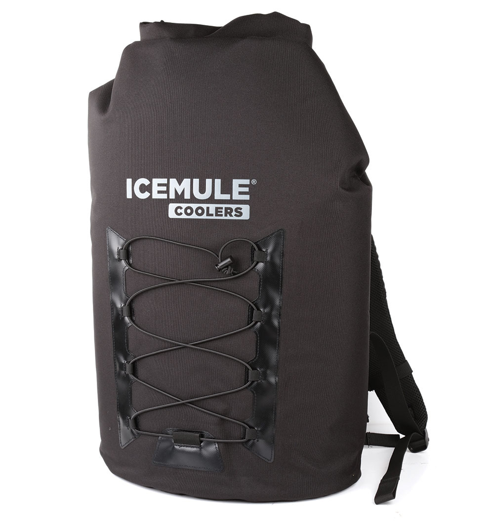 Black cooler backpack keeps drinks cold on the trail.