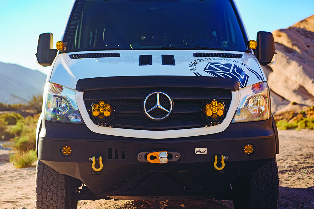 The CA Tuned Offroad front bumper holds the Warn winch with Deadman Offroad winch line on the 2018 4x4 diesel Mercedes Benz Sprinter 