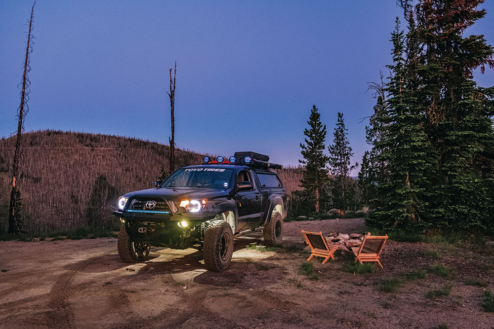 The Tacoma lights up at night.