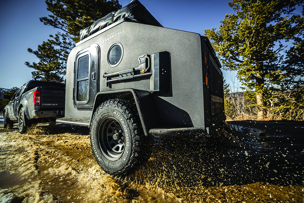 The Campworks NS-1 trailer's black powdercoat exterior.