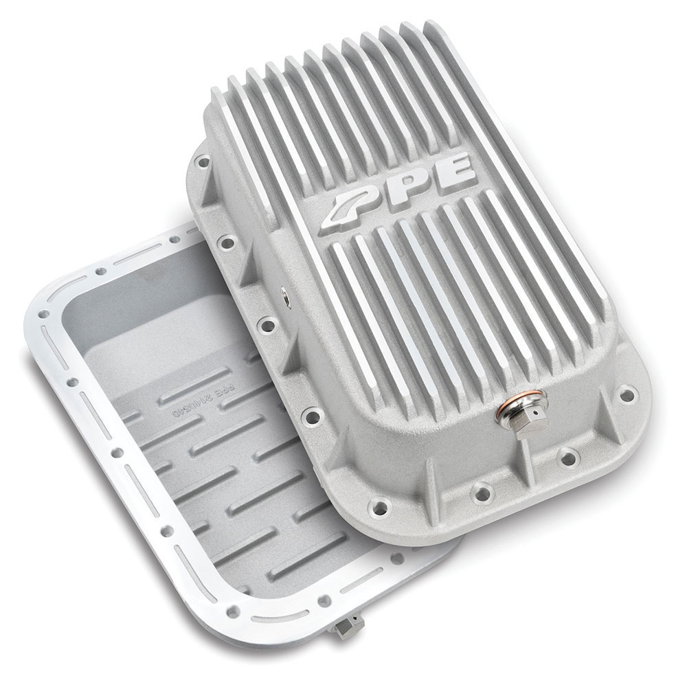 The PPE Cast Aluminum Oil Pan with deep exterior fins and hardened billet stainless steel drain plug.