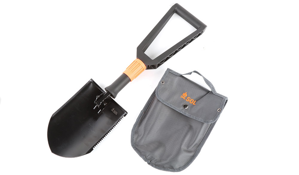 This black and orange shovel packs down for hikers' convenience.