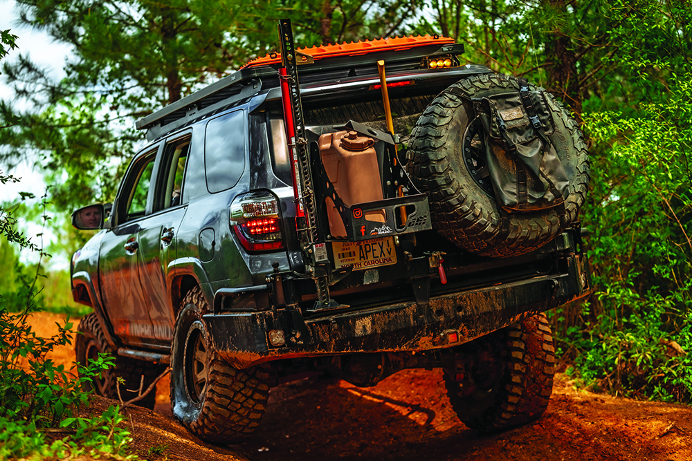 A close look at the 4Runner's rear bumper shows jerry can holder and full-size spare.