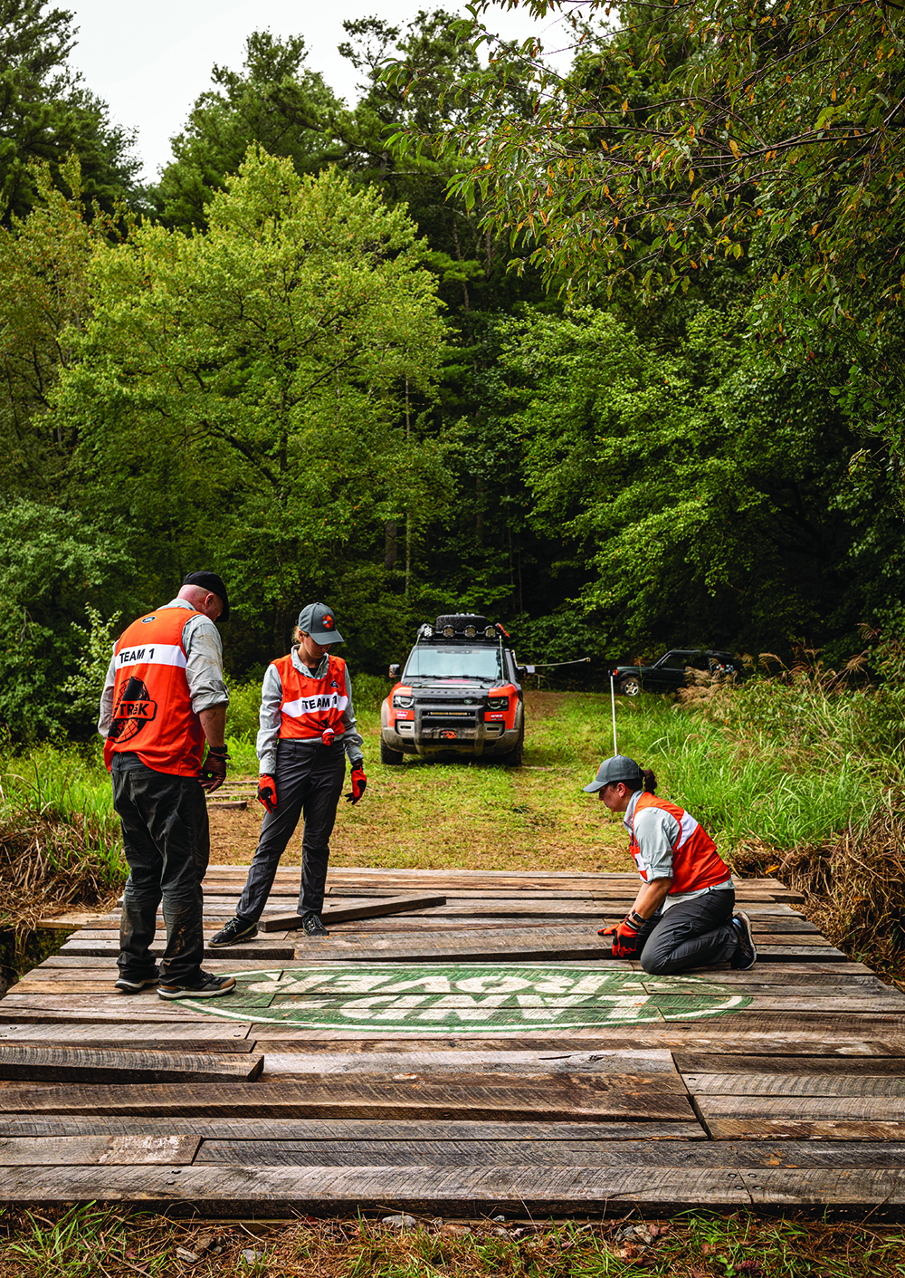 Team “S2K” completes the build a bridge/Land Rover logo puzzle challenge in the Land Rover TReK 2021 competition..