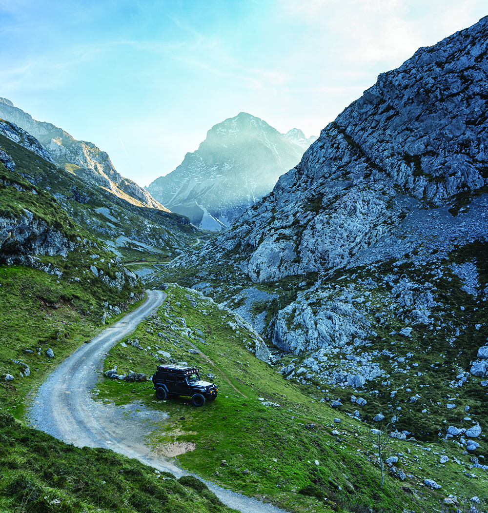 A Jeep on the side of a trail in the Picos de Europa in Spain 