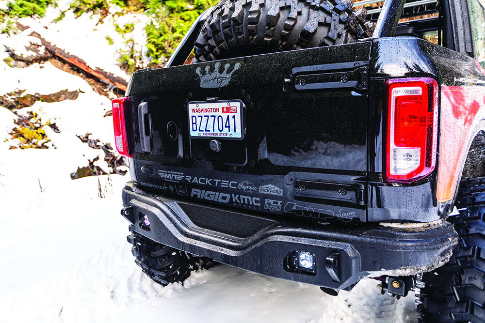 The rear bumper build of the custom Bronco is sleek black.