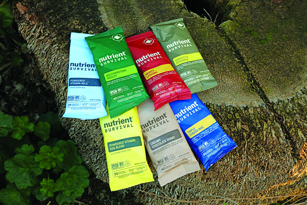 The prepackaged freeze-dried meals come in small colorful plastic pouches.