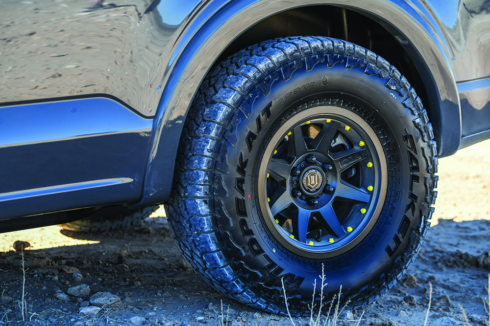 Beadlock wheels and all terrain tires on the truck.