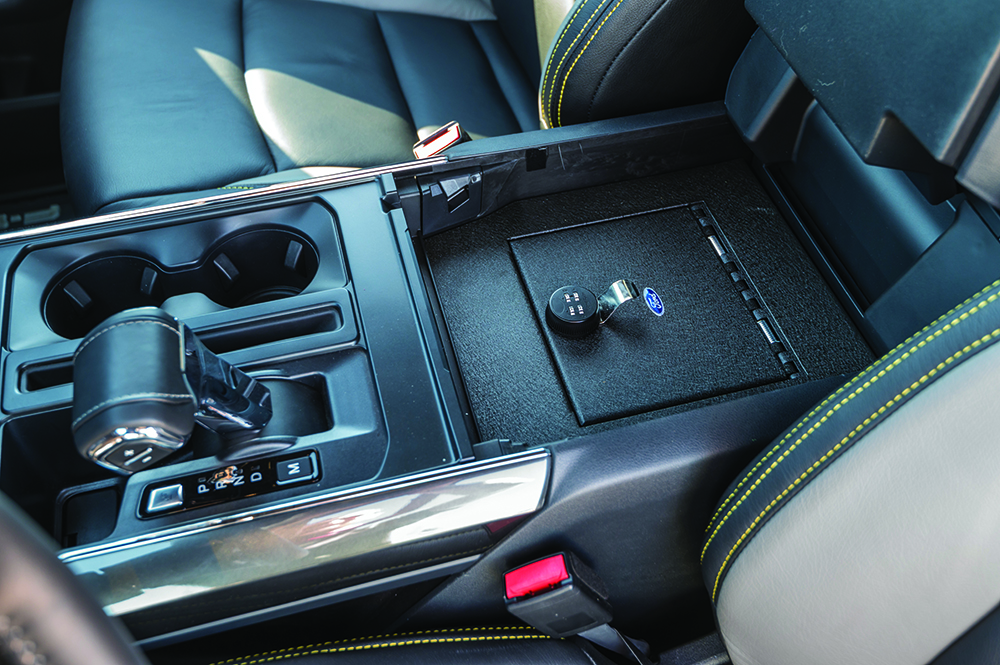 The F-150's center console, including gearshift and safe.