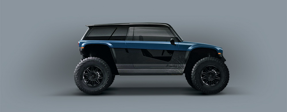 The 2022 Brawley's exterior, featuring blue paint and large tires.