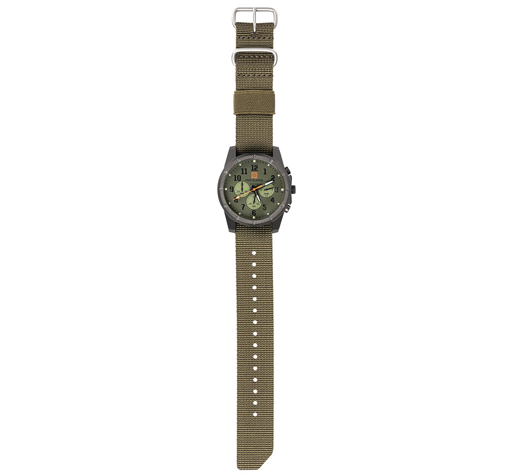 Green watch with tan fabric band.