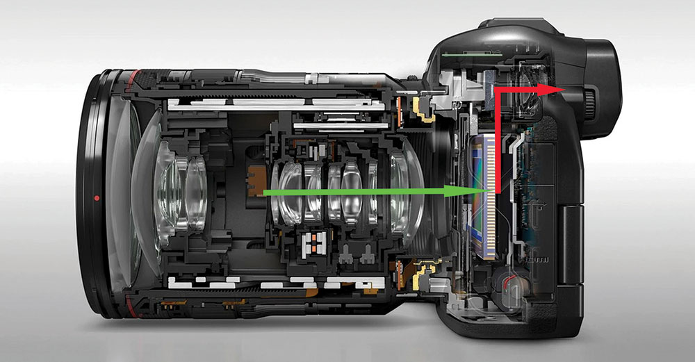 An internal view of a DSLR camera with outdoor photography lenses.