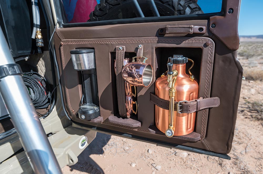 A cold keg and offee maker are available in the side door of the Lexus Troopy.