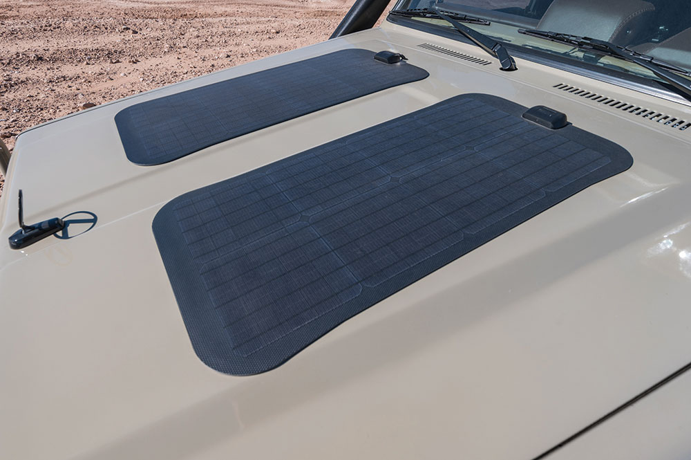 Hood-mounted Cascadia 4x4 solar panels keep the vehicle’s batteries topped off.