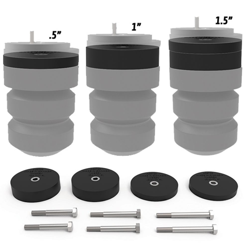 Each Timbren Spacer Kits comes with two 1-inch and two 1/2-inch spacers along with all the necessary hardware to allow you to mix and match to achieve your desired ride height.