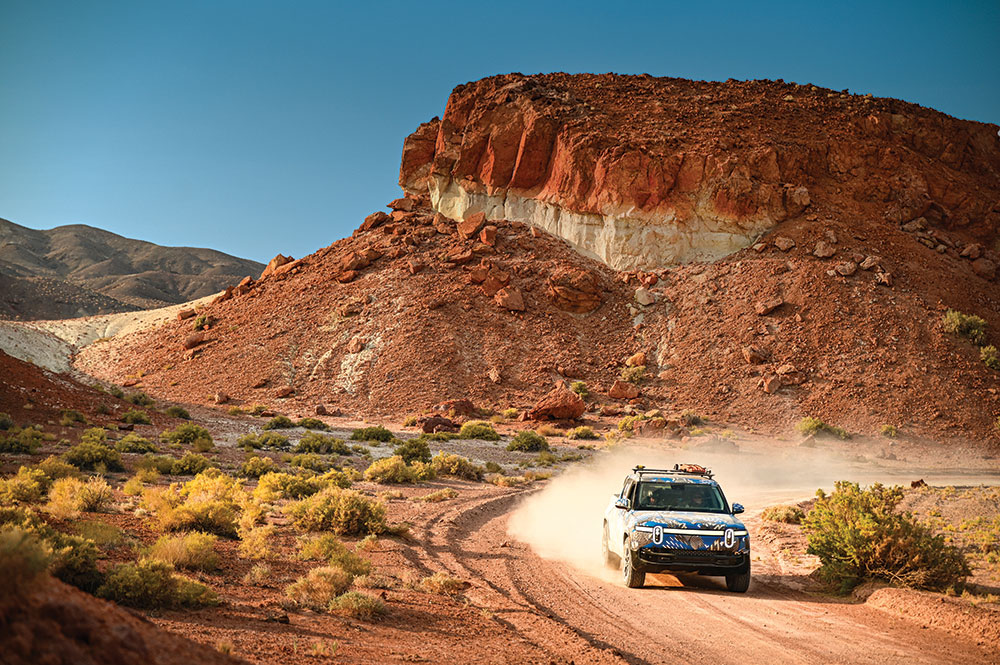 The 2020 Rivian R1T EV kicks up dust at the Rebelle Rally.