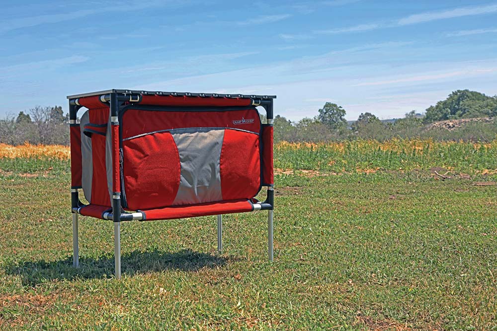 The Sherpa Table closed up in a field. 