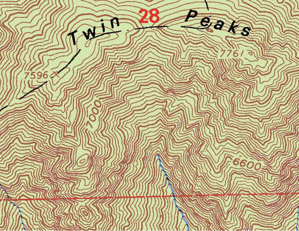 Topographic map with tight countour lines showing Twin Peaks.