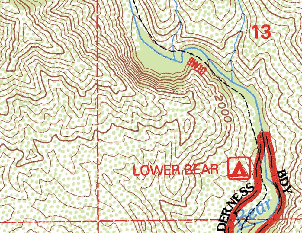 The campground on the west of this map is on a relatively gentle east-facing slope