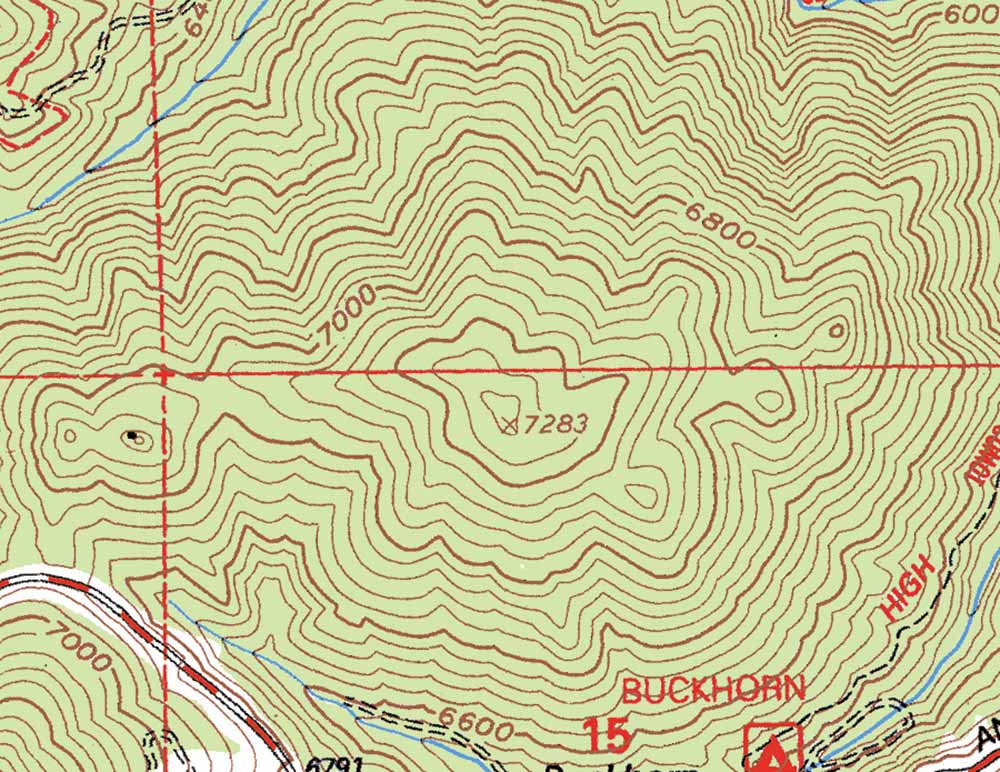 Topographic map of one of the highest points on the Waterman Mountain quadrangle.