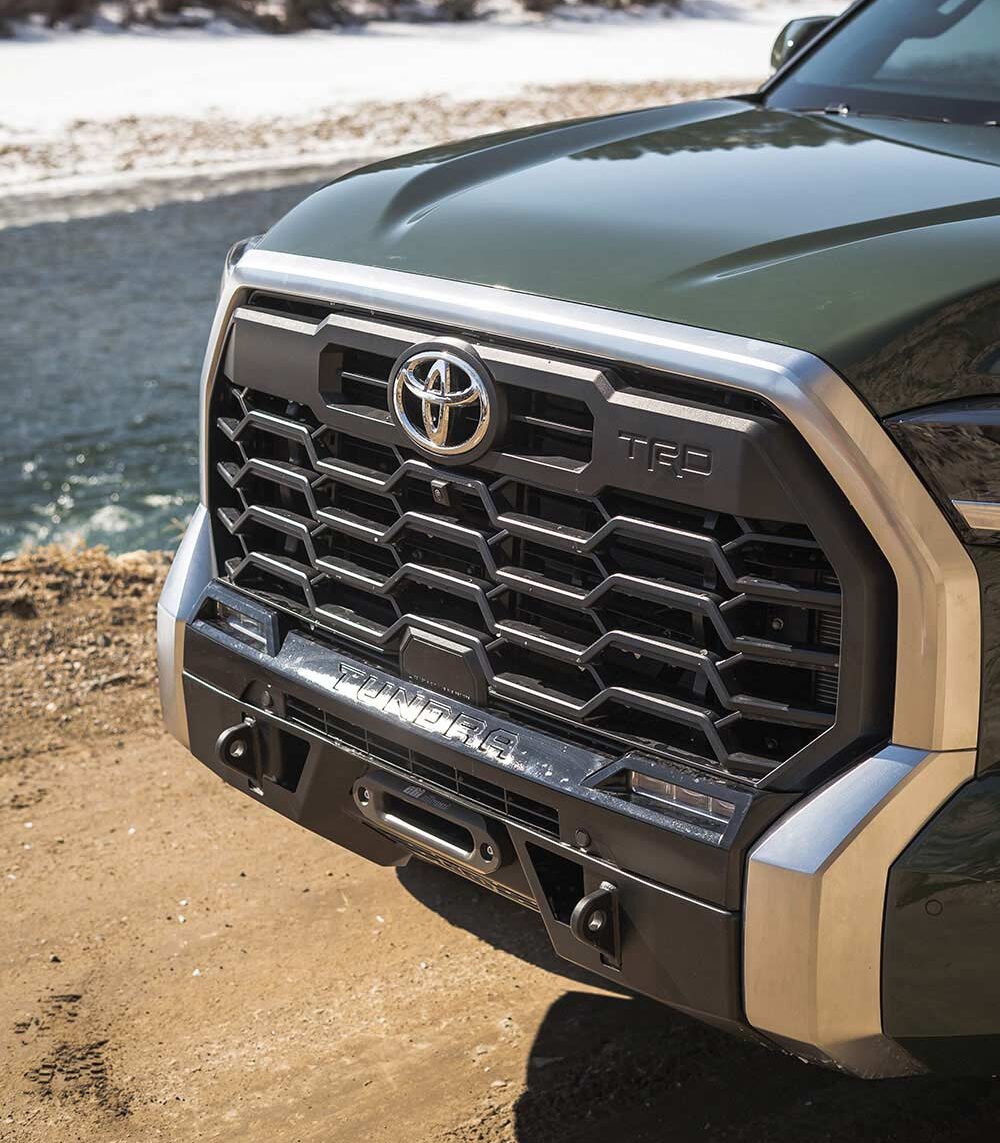 A closer shot of the black front bumper on the Toyota Tundra.