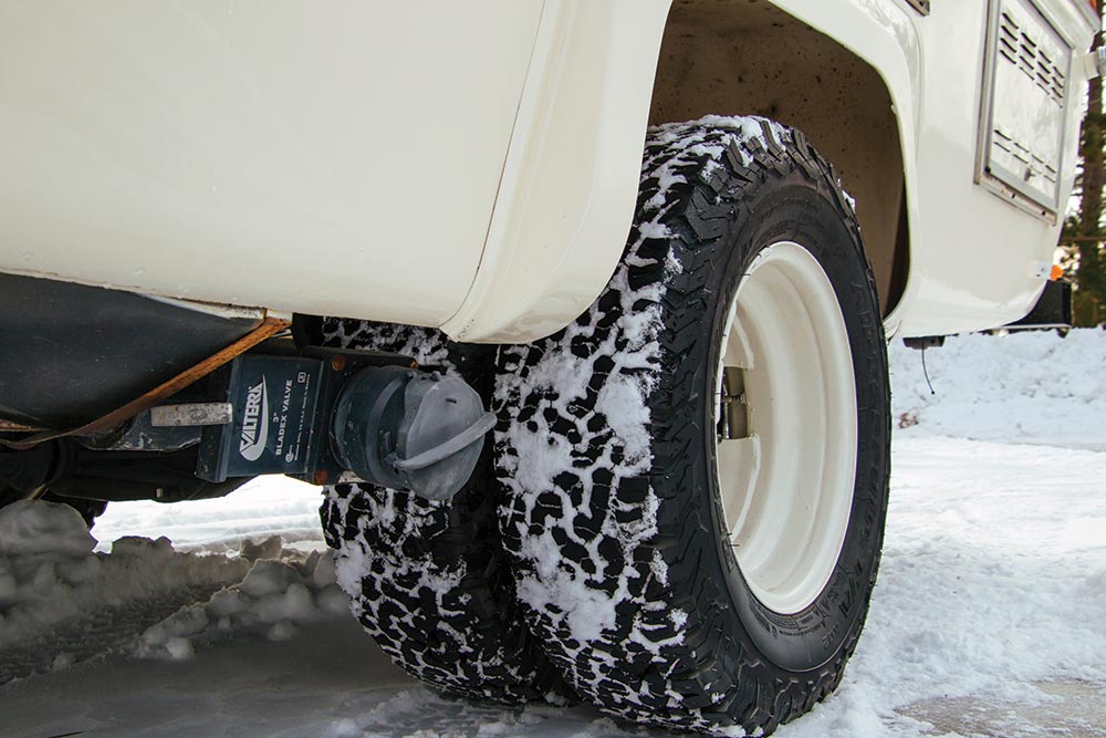 The double wide rear wheels power the Sunrader through the snow.