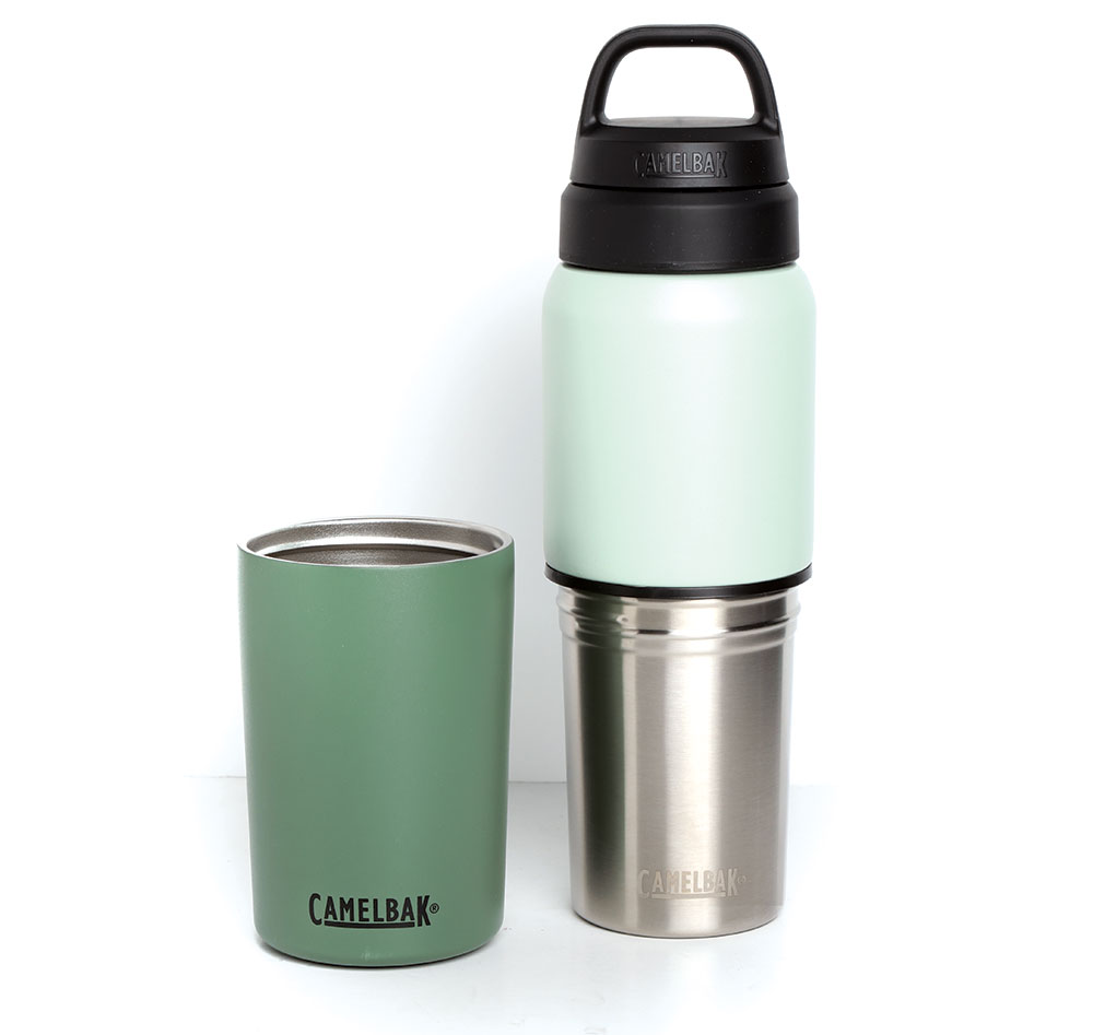 A light blue and green camp cup and water bottle set.