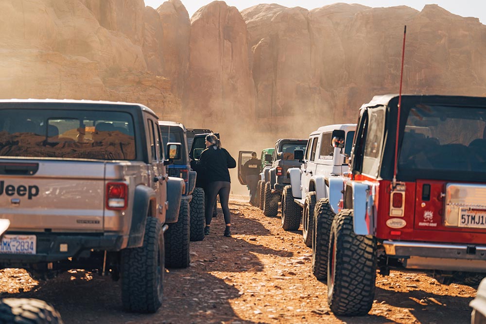 Jeeps line up to begin trail maintenance at Easter Jeep Safari.