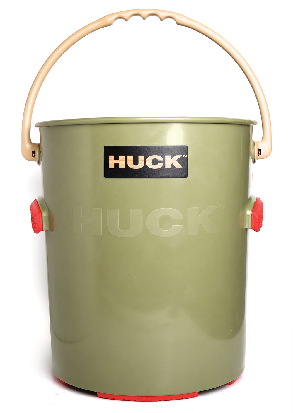 A green 5-gallon bucket with orange handles and black "Huck" logo.