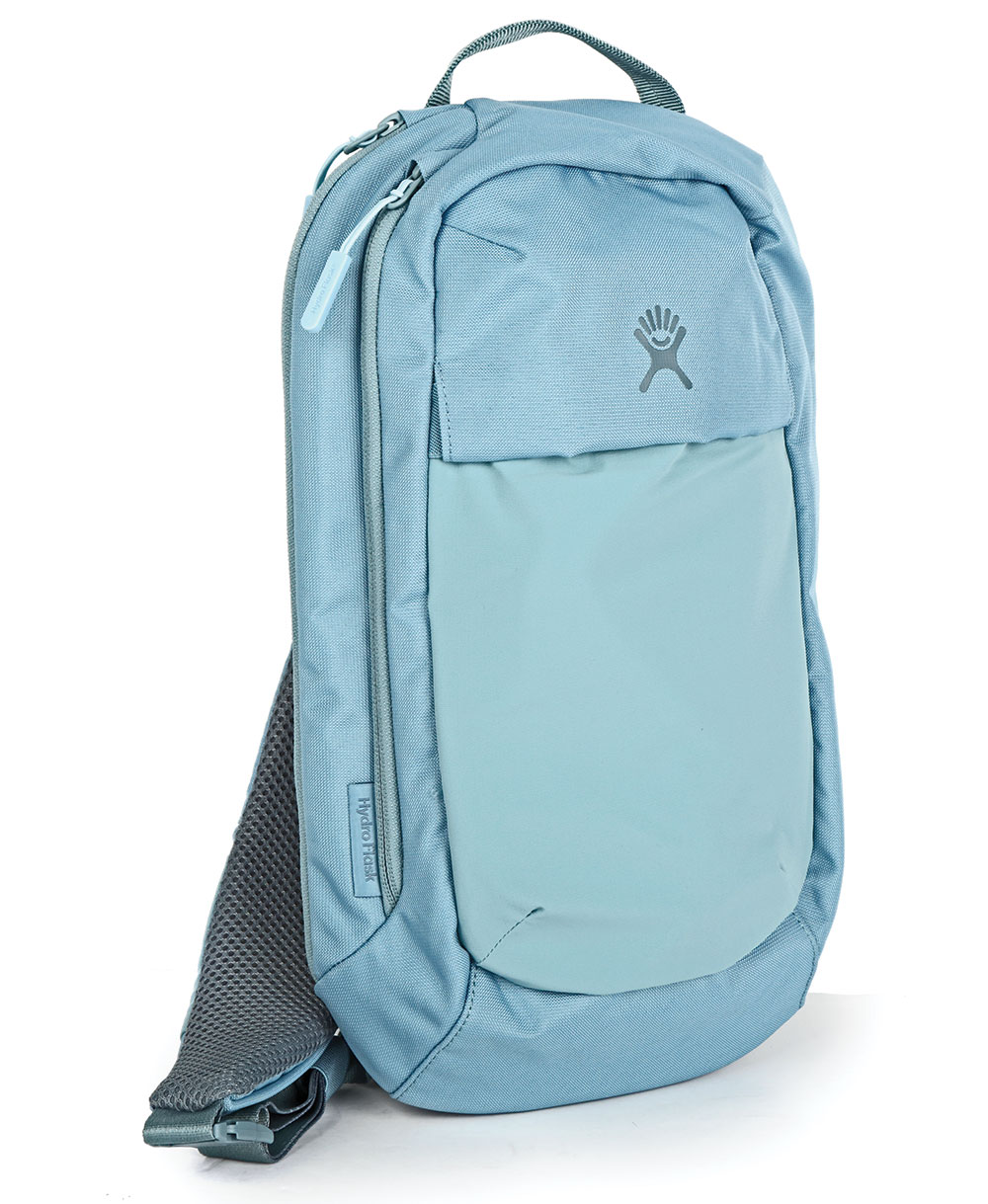 A light blue backpack with one strap and the Hydroflask logo.