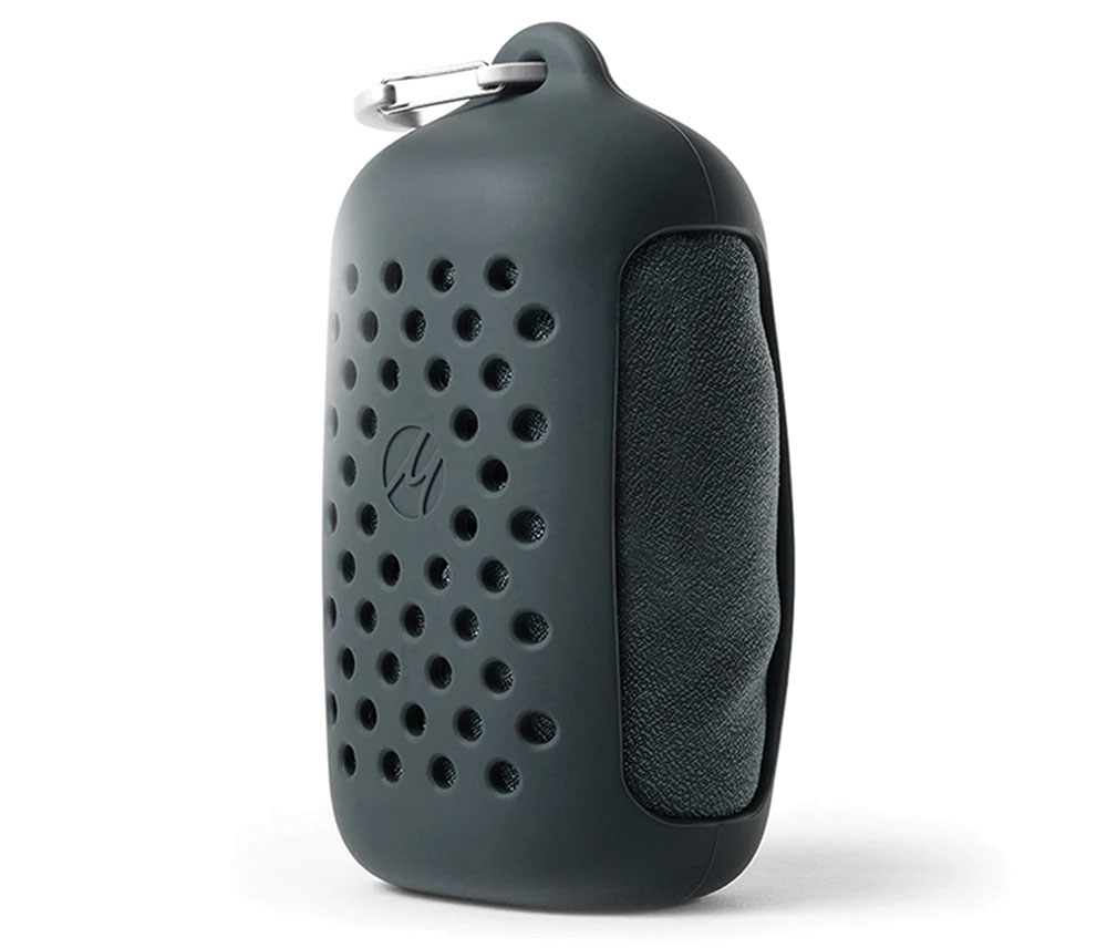 A gray silicone case with holes and a carabiner holds a gray microfiber camp shower towel.