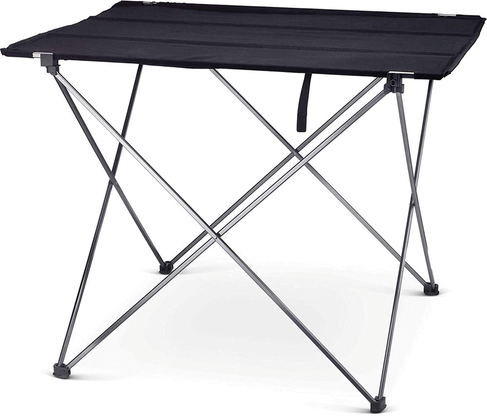 A black foldable camp table with metal legs. 
