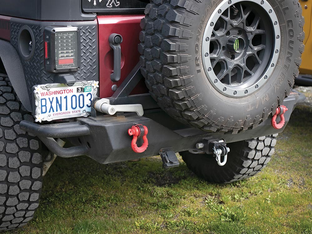 This red Jeep sports a black powdercoated rear bumper.
