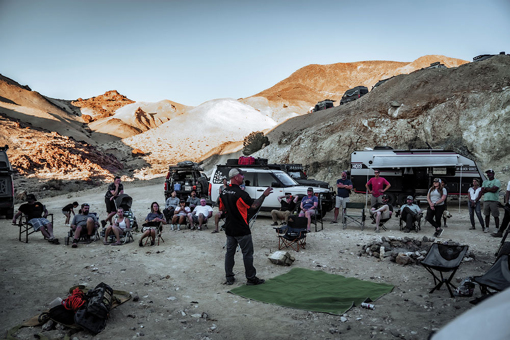 Jim Hart of Ground Pounder Coffee speaks during the Sprinter Overland Trip