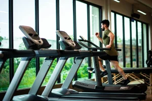 A man running on a treadmill. 