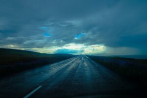 Rainy road on a cross-country tenting trip