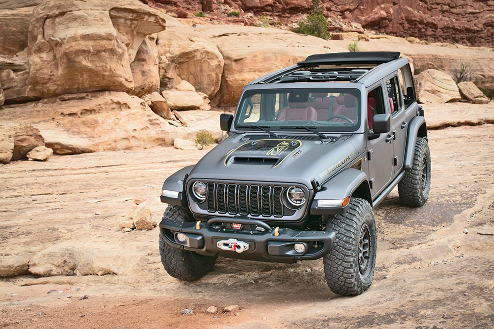 The gray Rubicon concept has an open Power Top, removable side panels, and custom half-doors.